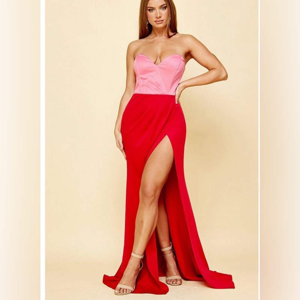 NWT Strapless floor length gown, high slit